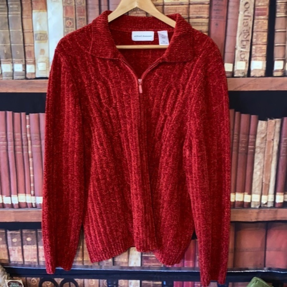 Alfred Dunner Red Chenille Cable Knit Full Zip Cardigan Sweater M